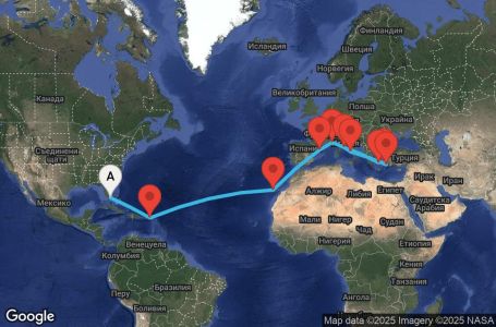 Маршрут на круиз 22 дни САЩ, Британски вирджински острови, Испания, Франция, Италия, Гърция, Турция - UXUW