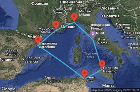 Маршрут на круиз 7 дни Италия, Франция, Испания, Тунис - CIV07A75