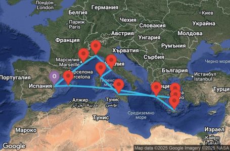 Маршрут на круиз 14 дни Испания, Гърция, Италия, Франция - VLC14A0H