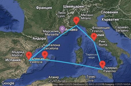 Маршрут на круиз 7 дни Франция, Испания, Италия - YNE07A14
