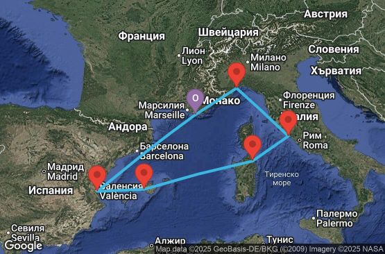 Маршрут на круиз 7 дни Франция, Испания, Италия - YNE07A10