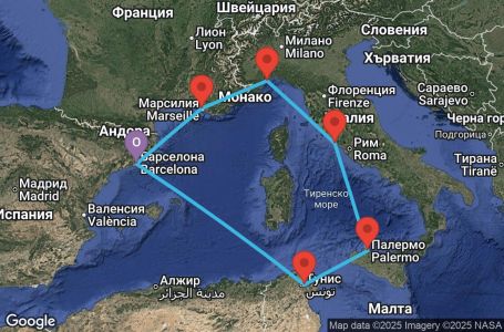 Маршрут на круиз 7 дни Испания, Тунис, Италия, Франция - BCN07A58
