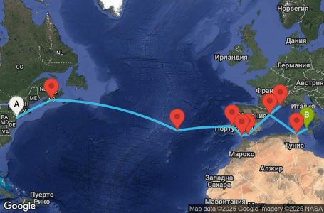 Маршрут на круиз 19 дни САЩ, Канада, Португалия, Испания, Франция, Тунис, Италия - UXVF