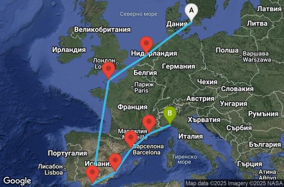 Маршрут на круиз 11 дни Дания, Нидерландия, Франция, Испания, Италия - UXGK