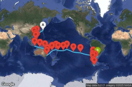 Маршрут на круиз 65 дни Япония, Тайван, Хонг Конг, Филипини, Индонезия, Австралия, Нова Каледония, Фиджи, Тонга, Острови Кук, Френска Полинезия, Великобритания, Чили, Аржентина - TYO65A02