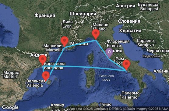 Маршрут на круиз 7 дни Италия, Испания, Франция - 7IP206