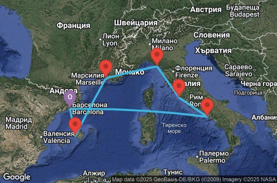 Маршрут на круиз 7 дни Испания, Франция, Италия - 07M843