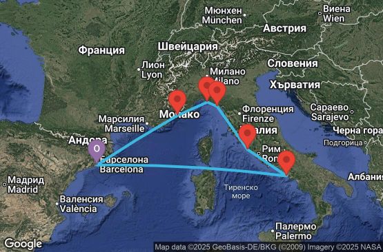 Маршрут на круиз 7 дни Испания, Франция, Италия - 07M834