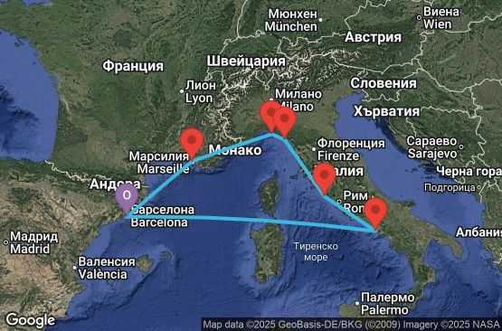 Маршрут на круиз 7 дни Испания, Франция, Италия - 07M835