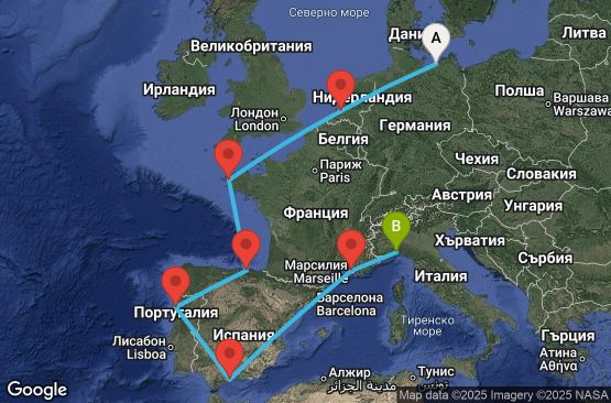 Маршрут на круиз 12 дни Германия, Нидерландия, Франция, Испания, Португалия, Италия - UXW2