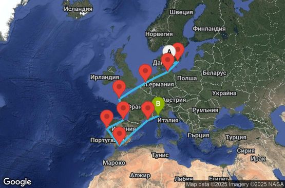 Маршрут на круиз 14 дни Дания, Швеция, Германия, Нидерландия, Франция, Испания, Португалия, Италия - UXVU
