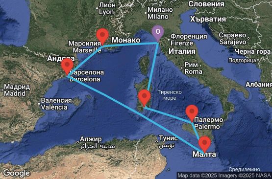 Маршрут на круиз 7 дни Италия, Малта, Испания, Франция - UXWO