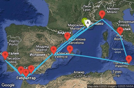 Маршрут на круиз France, Spain, Balearic Islands, Italy, Gibraltar, Portugal - YNE15A00
