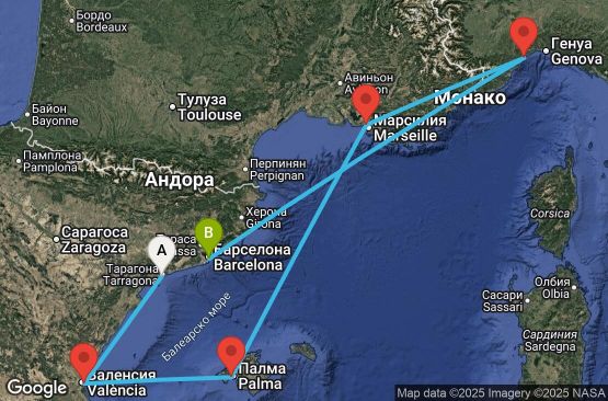 Маршрут на круиз Spain, Balearic Islands, France, Italy - TRG05A00