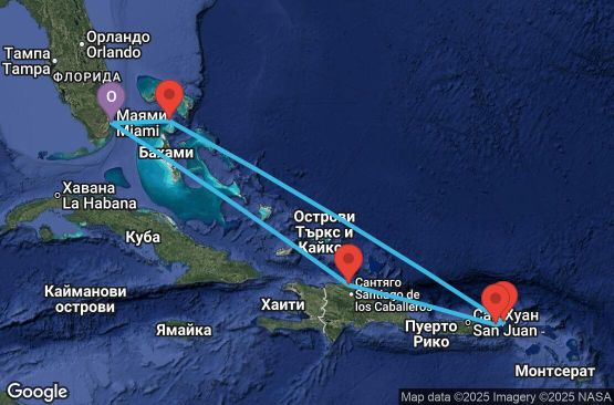Маршрут на круиз 7 дни Източни Кариби от Маями - AQCB07CNNMIAMIA