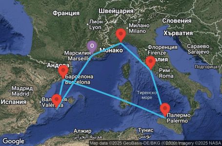 Маршрут на круиз France, Balearic Islands, Spain, Italy - MRS07A7D