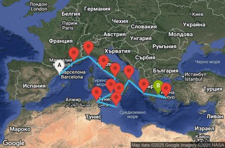 Маршрут на круиз 12 дни Испания, Франция, Италия, Тунис, Малта, Гърция - BCN12A0T