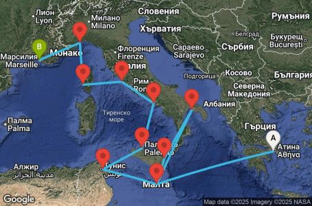 Маршрут на круиз 12 дни Гърция, Малта, Италия, Тунис, Франция - ATH12A0C