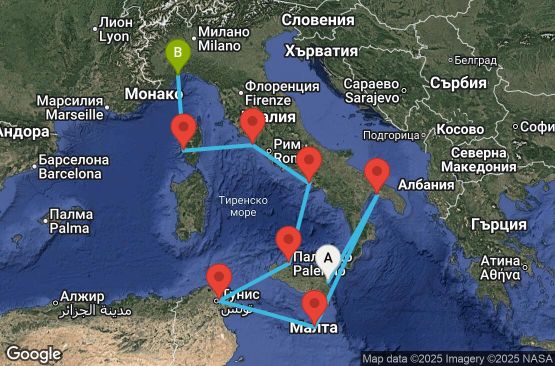 Маршрут на круиз 8 дни Италия, Малта, Тунис, Франция - CTA08A0F
