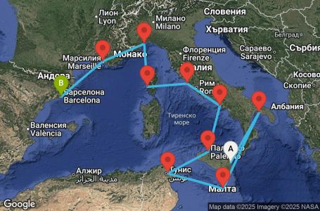 Маршрут на круиз 10 дни Италия, Малта, Тунис, Франция, Испания - CTA10A07