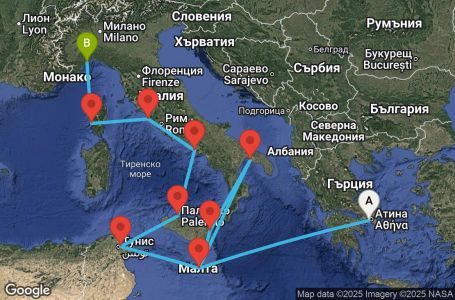Маршрут на круиз 11 дни Гърция, Малта, Италия, Тунис, Франция - ATH11A0E