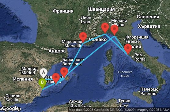 Маршрут на круиз Spain, Balearic Islands, Italy, France - VLC09A09
