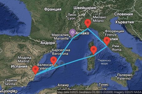 Маршрут на круиз France, Balearic Islands, Spain, Italy - YNE07A18
