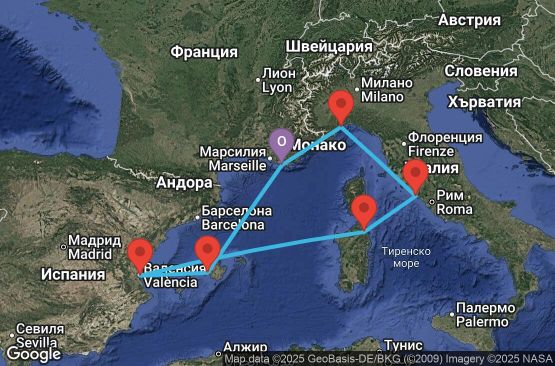 Маршрут на круиз France, Balearic Islands, Spain, Italy - YNE07A16