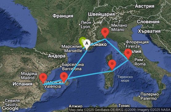 Маршрут на круиз France, Balearic Islands, Spain, Italy - YNE07A1E
