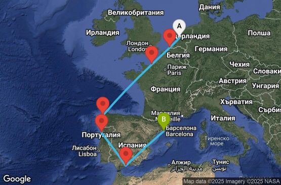 Маршрут на круиз 9 дни Нидерландия, Белгия, Франция, Испания, Португалия - 09U056