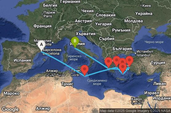 Маршрут на круиз 10 дни Испания, Малта, Гърция, Турция, Италия - 10M401