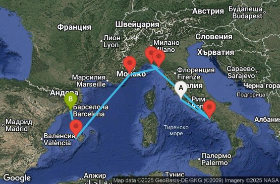 Маршрут на круиз 9 дни Италия, Франция, Испания - 09M334