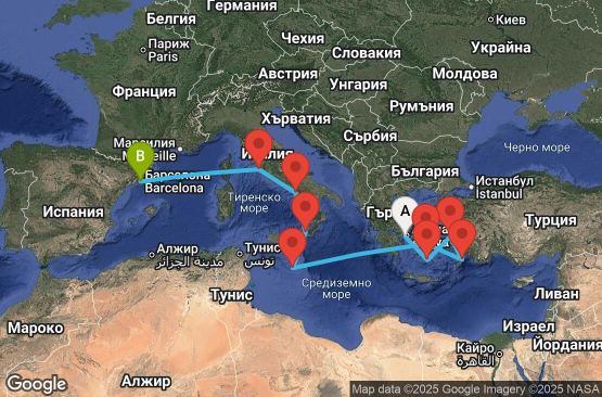 Маршрут на круиз 12 дни Гърция, Турция, Малта, Италия, Испания - 12M659