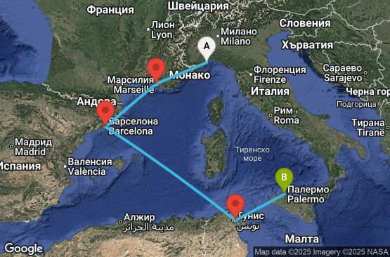 Маршрут на круиз 5 дни Италия, Франция, Испания, Тунис - SVN05A2P