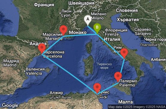 Маршрут на круиз 7 дни Италия, Тунис, Испания, Франция - UXWI
