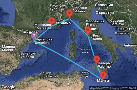 Маршрут на круиз 7 дни Испания, Малта, Италия, Франция - BCN07A4L