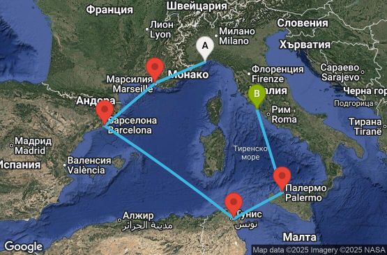 Маршрут на круиз 6 дни Италия, Франция, Испания, Тунис - SVN06A2P