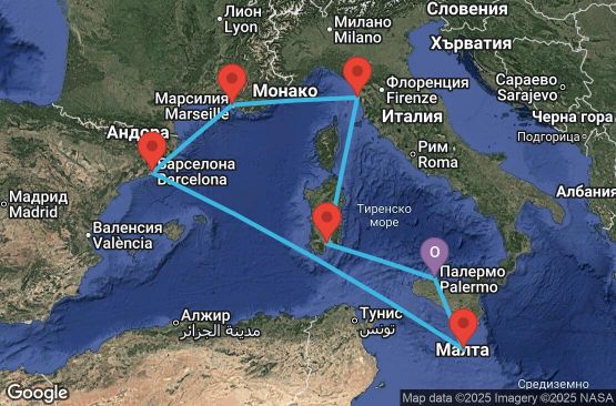 Маршрут на круиз 7 дни Италия, Малта, Испания, Франция - UXWR