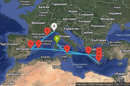 Маршрут на круиз Italy, France, Spain, Balearic Islands, Greece - SVN12A0U