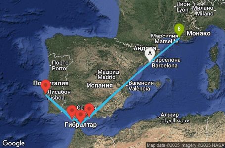 Маршрут на круиз Spain, Gibraltar, Portugal, France - BCN08A0M