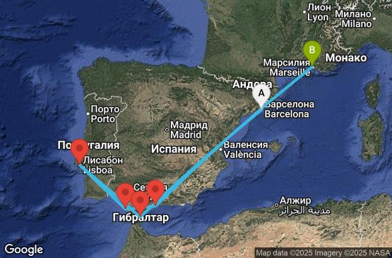 Маршрут на круиз Spain, Gibraltar, Portugal, France - BCN08A0M