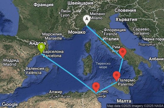 Маршрут на круиз 5 дни Италия, Тунис, Испания - UWKT