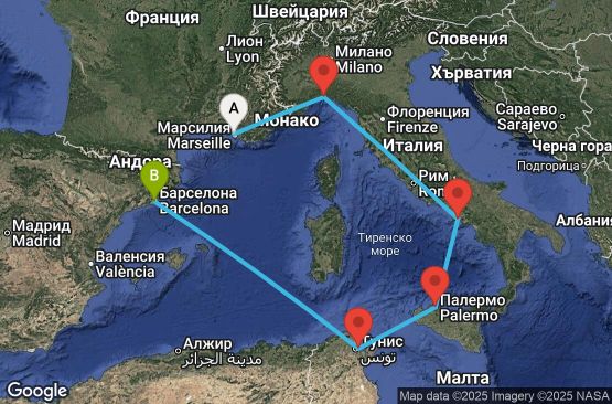 Маршрут на круиз 6 дни Франция, Италия, Тунис, Испания - UWKS