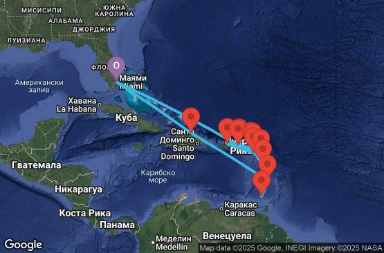 Маршрут на круиз 16 дни САЩ, Вирджински острови на САЩ, Сен Бертелеми, Антигуа и Барбуда, Британски вирджински острови, Сейнт Китс и Невис, Пуерто Рико, Нидерландски Антили, Гваделупа, Гренада, Сейнт Лусия, Доминиканска република - EL20270105MIAMIA