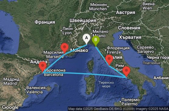 Маршрут на круиз 6 дни Италия, Франция, Испания - SVN06A30