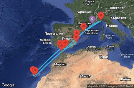 Маршрут на круиз 15 дни Франция, Испания, Канарски острови, Мароко, Италия - MRS15A0K