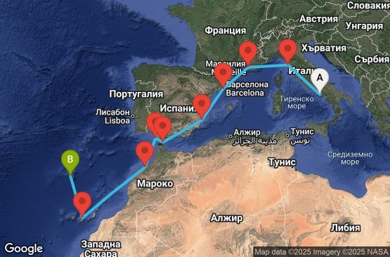 Маршрут на круиз 10 дни Италия, Франция, Испания, Гибралтар, Мароко, Португалия - UXZH