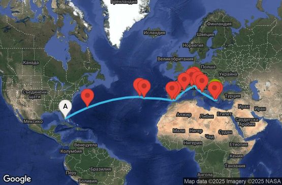 Маршрут на круиз 25 дни САЩ, Бермудските острови, Португалия, Испания, Монако, Италия, Гърция - EP20260409MIAPIR