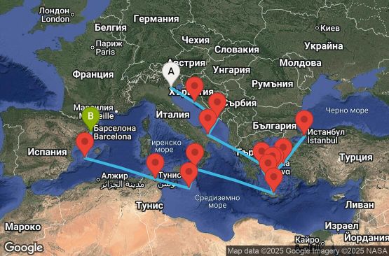 Маршрут на круиз 20 дни Италия, Хърватия, Гърция, Турция, Малта, Тунис, Испания - EX20260413FSABCN