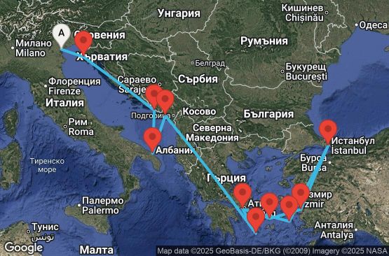 Маршрут на круиз 14 дни Италия, Хърватия, Черна гора, Гърция, Турция - EP20260720FSAPI1